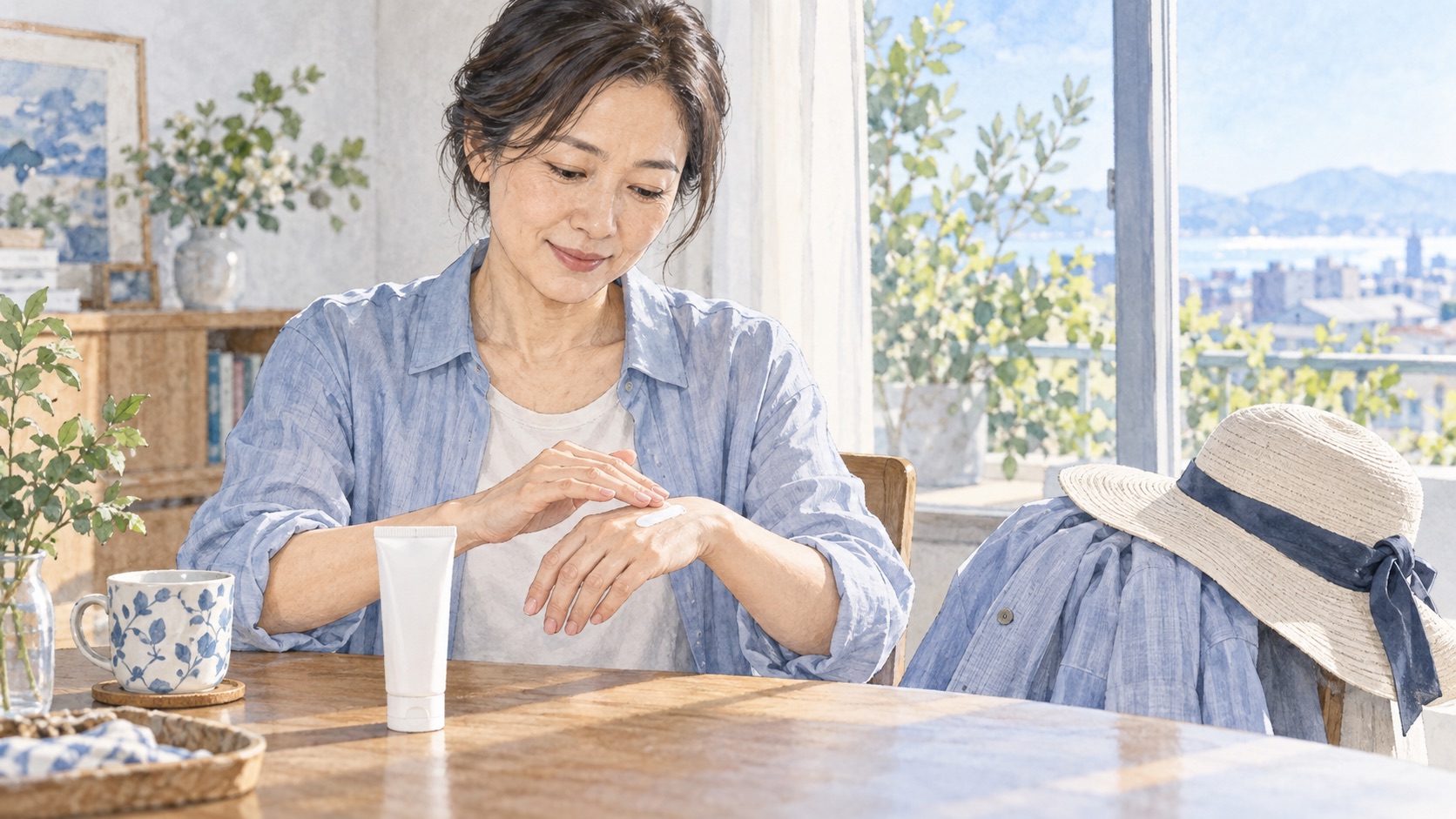外出前に手の甲へ日焼け止めを塗り、帽子と長袖を用意する成人