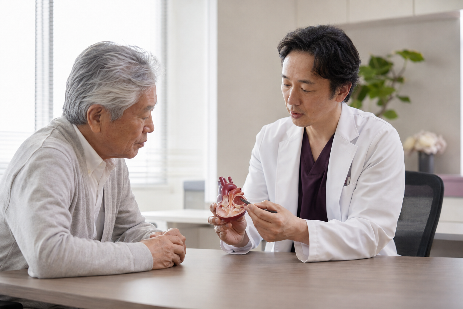 循環器内科医と高齢の患者が心臓模型を見ながら大動脈弁疾患について相談する場面