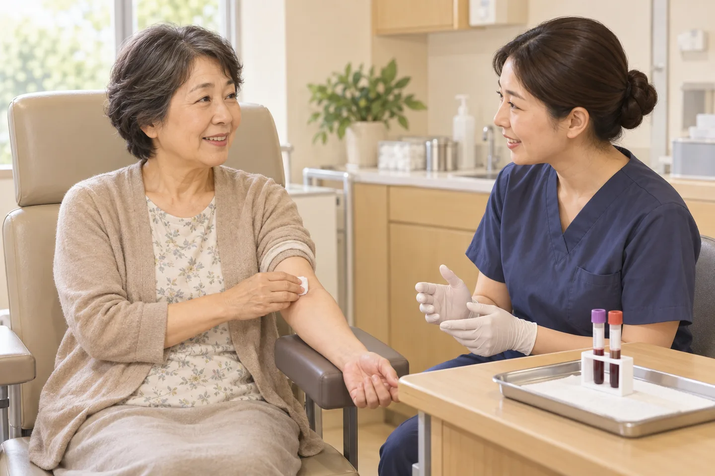 採血後に腕を押さえる患者と看護師が、検査後の予定を相談する生成イメージ