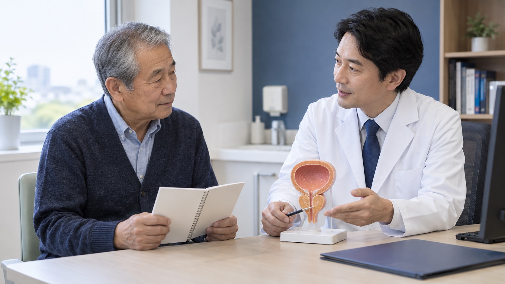 排尿症状について患者が泌尿器科医へ相談する場面