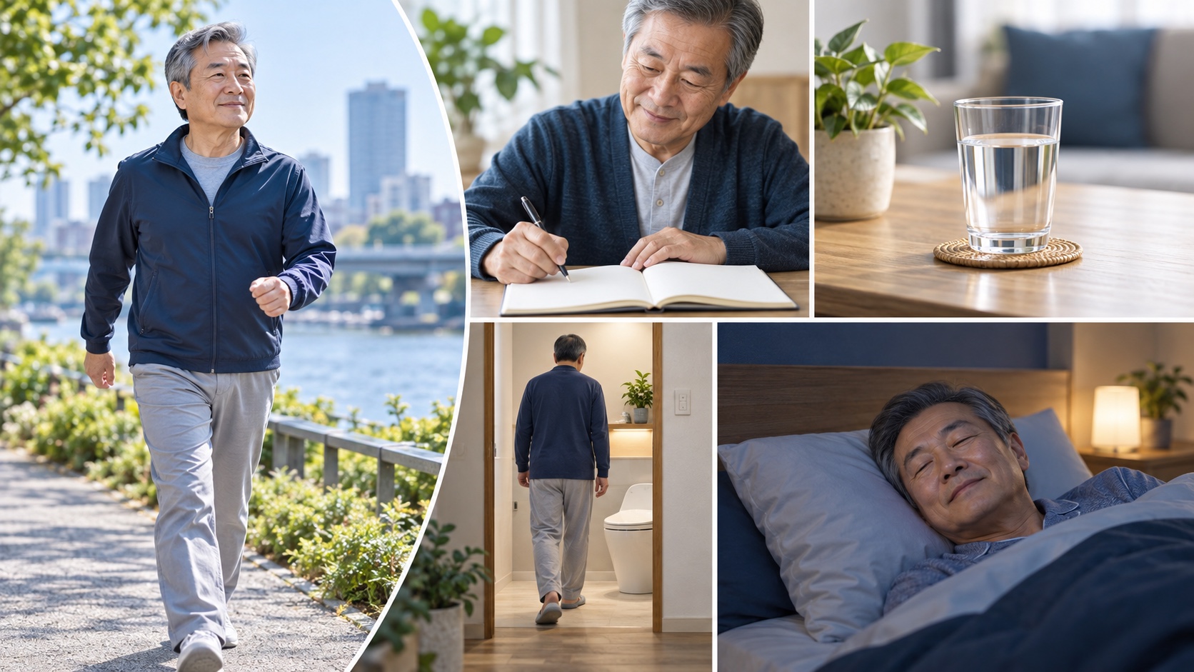 運動、排尿日誌、適切な飲水、睡眠を生活に取り入れる男性