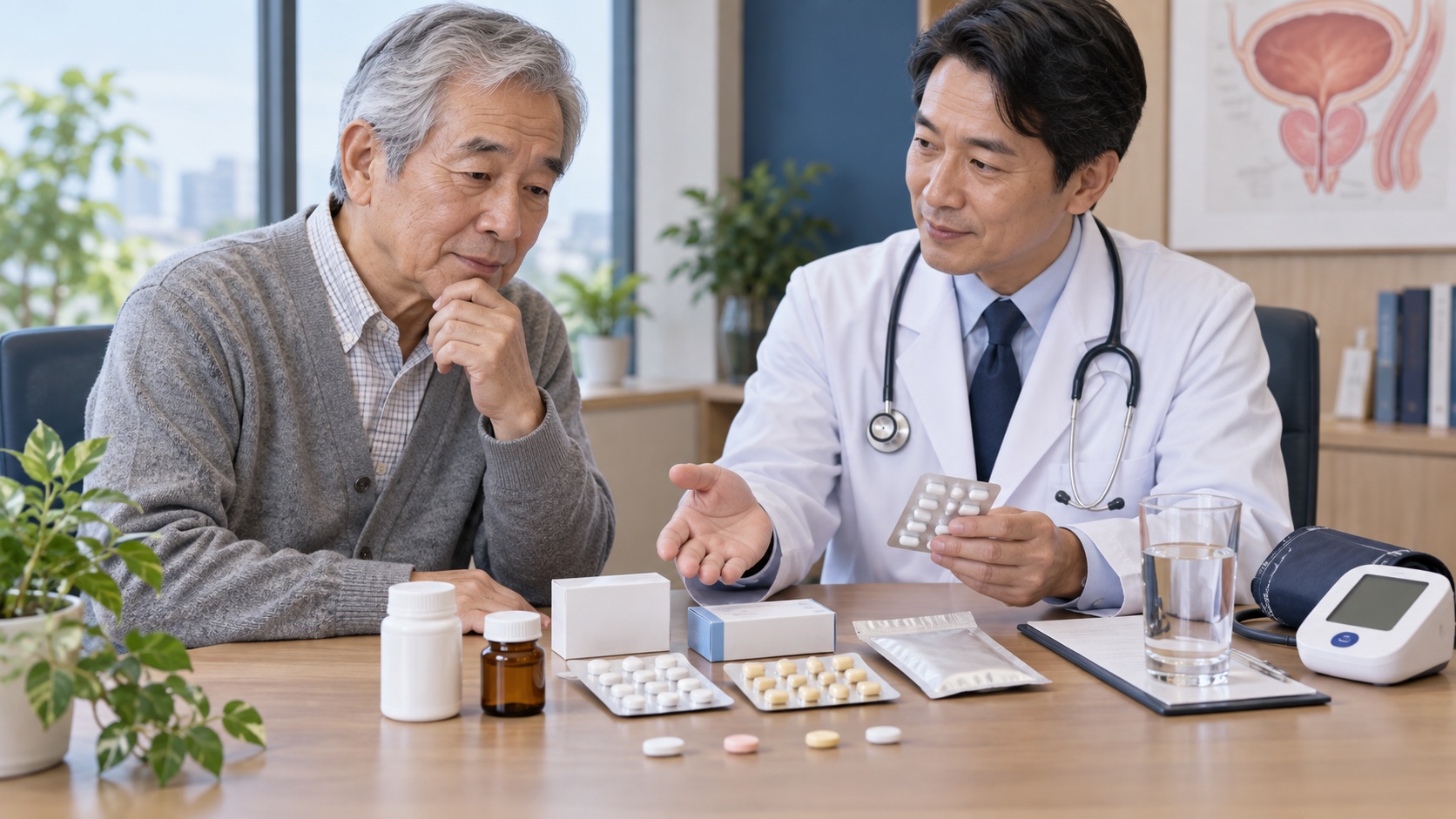 複数の薬の違いと血圧への注意を泌尿器科医から説明される場面
