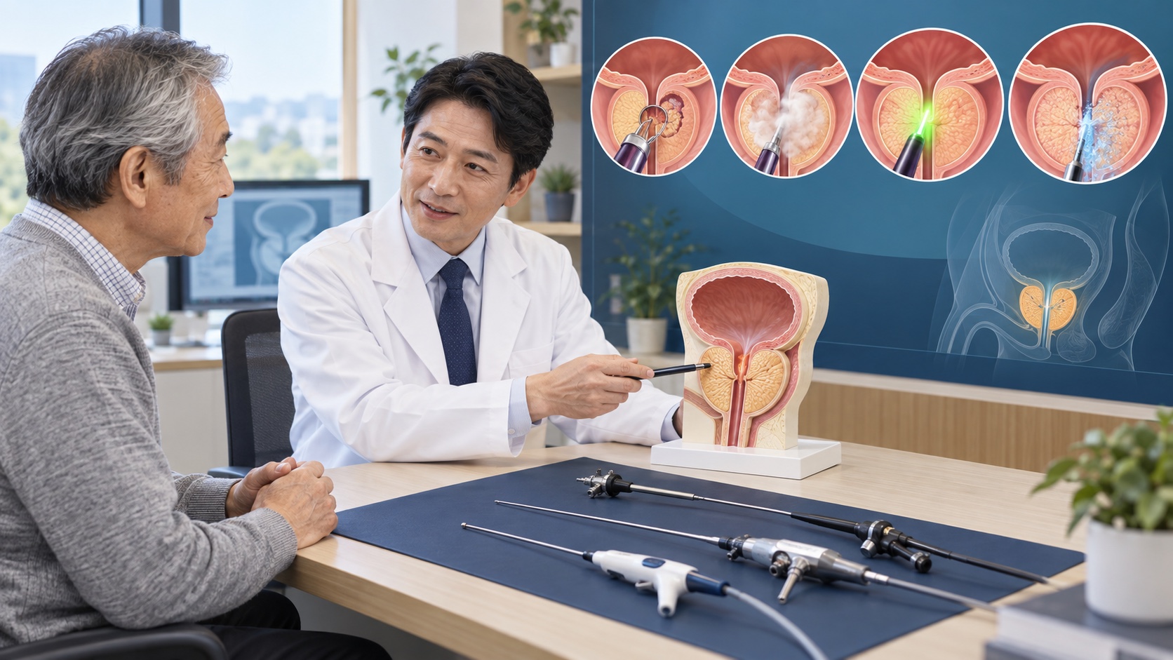 前立腺肥大症の内視鏡治療について模型を使って説明を受ける場面