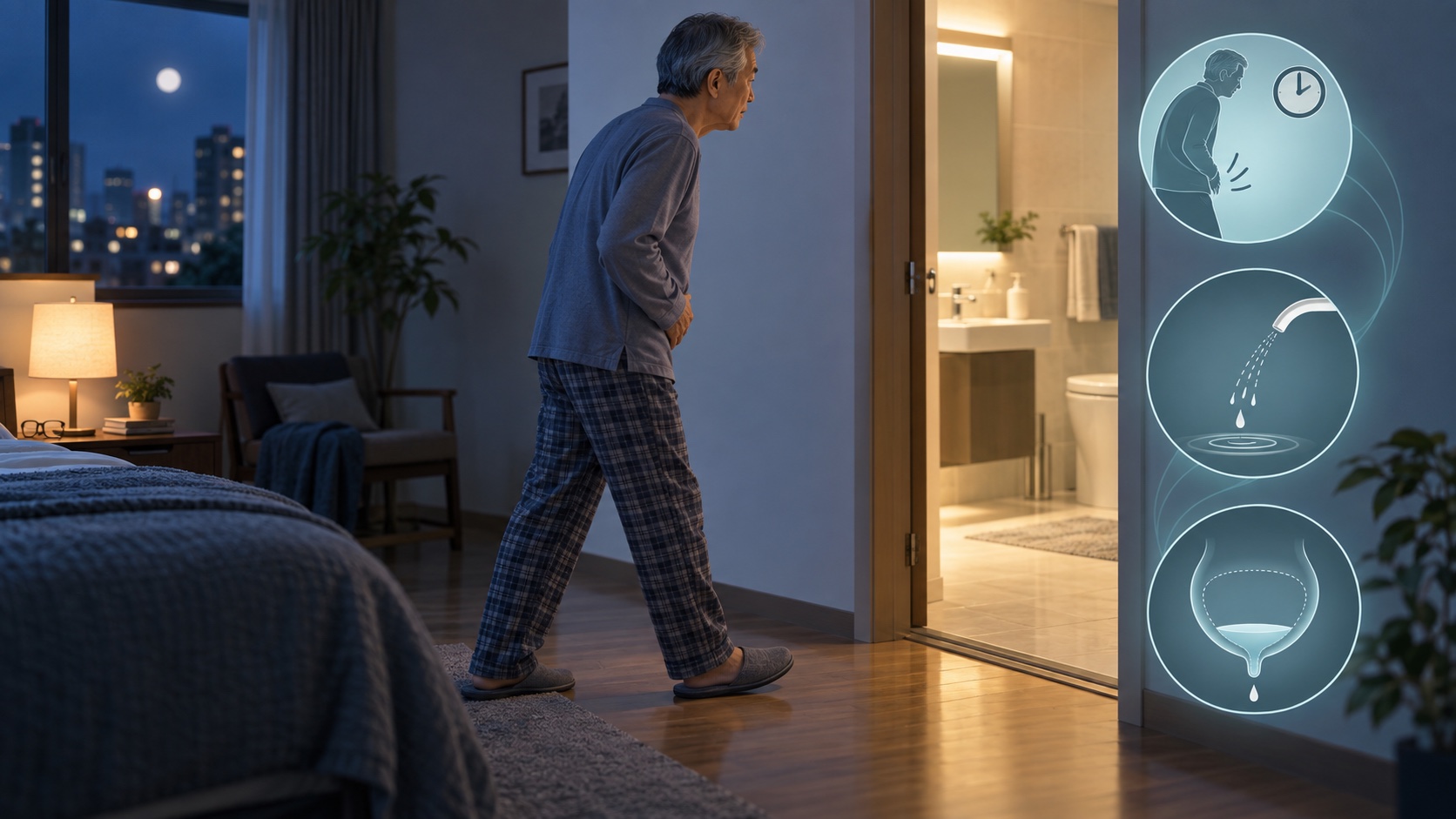 夜間にトイレへ向かう男性と頻尿・尿の勢い低下・残尿感のイメージ
