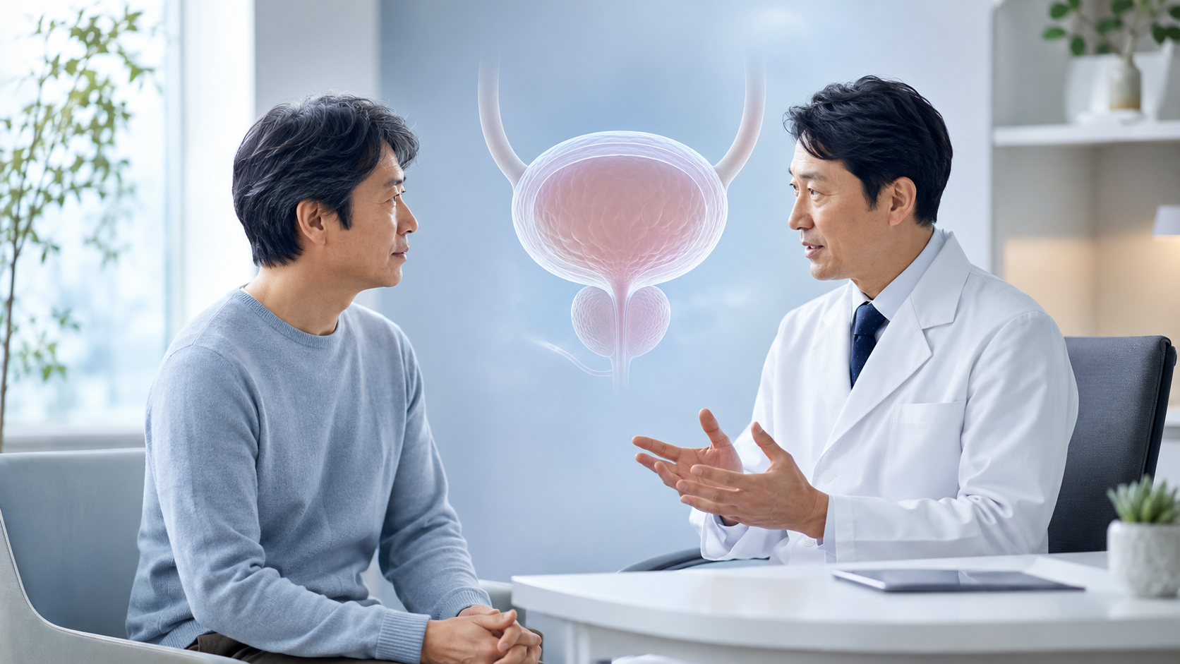 膀胱がんの全体像について患者と泌尿器科医が話し合う場面