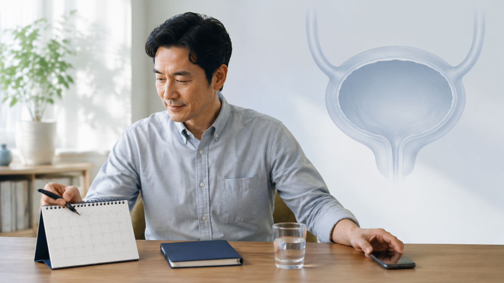 尿の変化に気づいた人が泌尿器科への受診予定を立てる場面