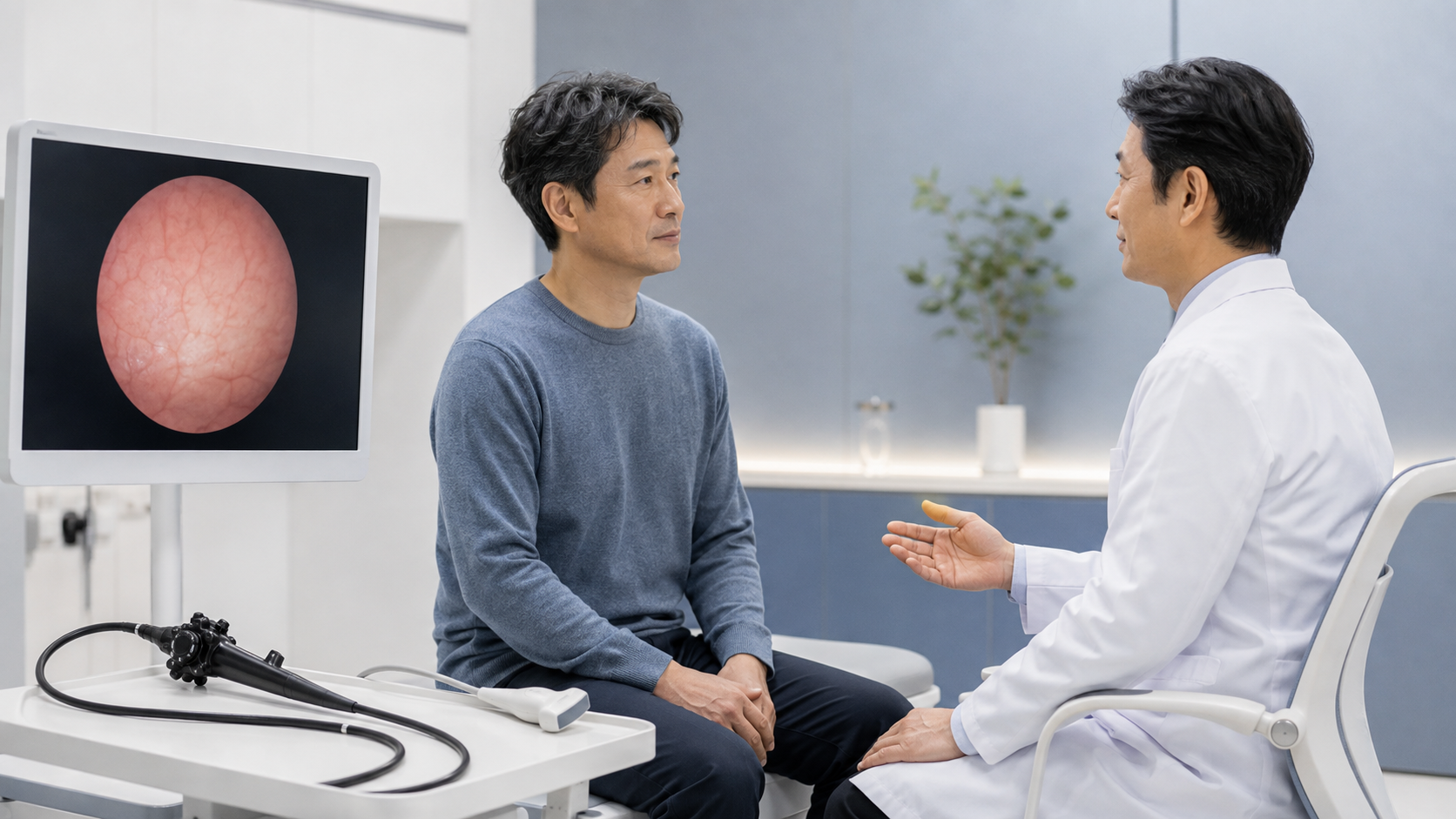 膀胱鏡や超音波を用いる検査について泌尿器科医が説明する場面