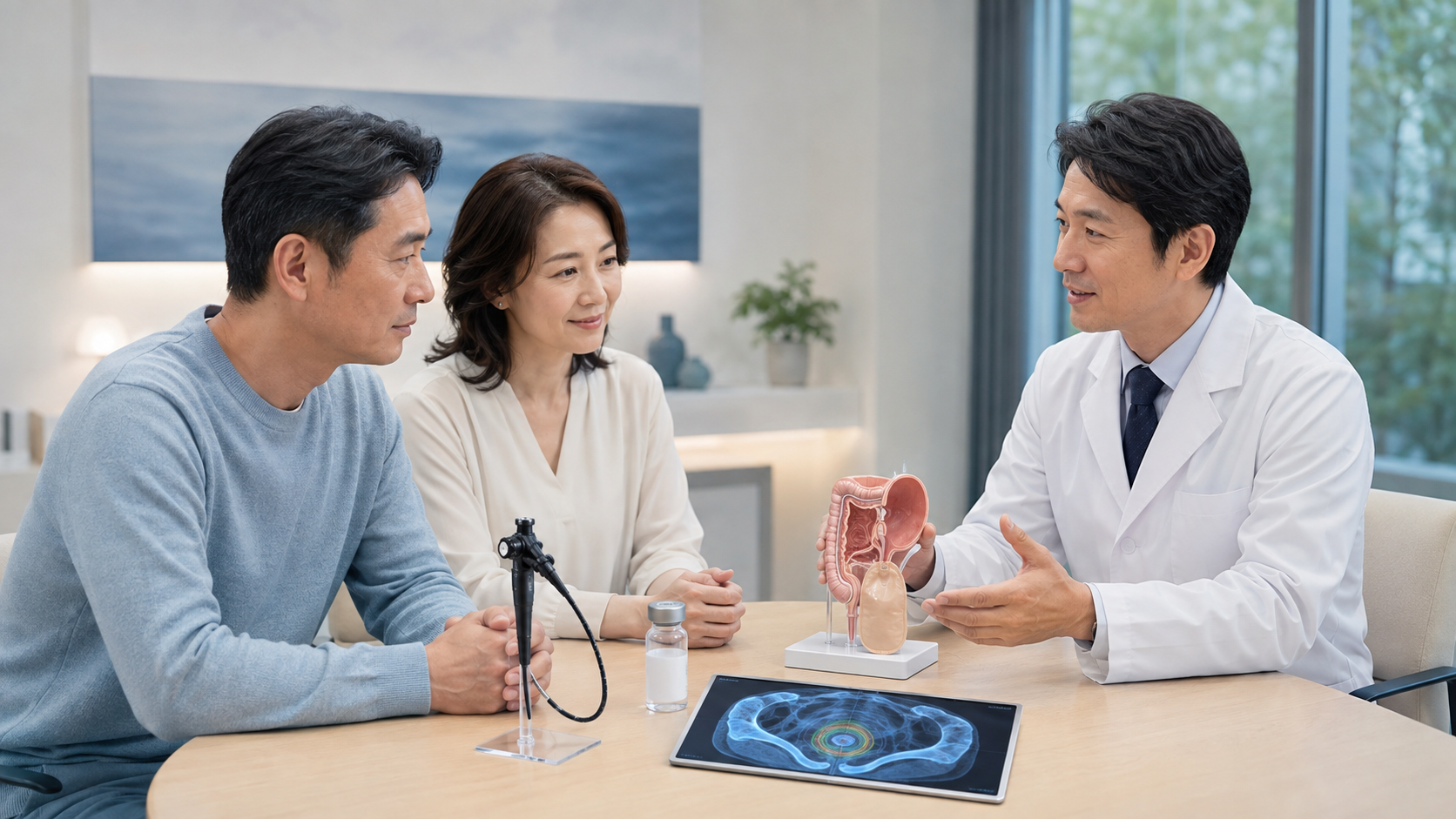 膀胱がんの治療と治療後の生活を患者、家族、泌尿器科医が相談する場面