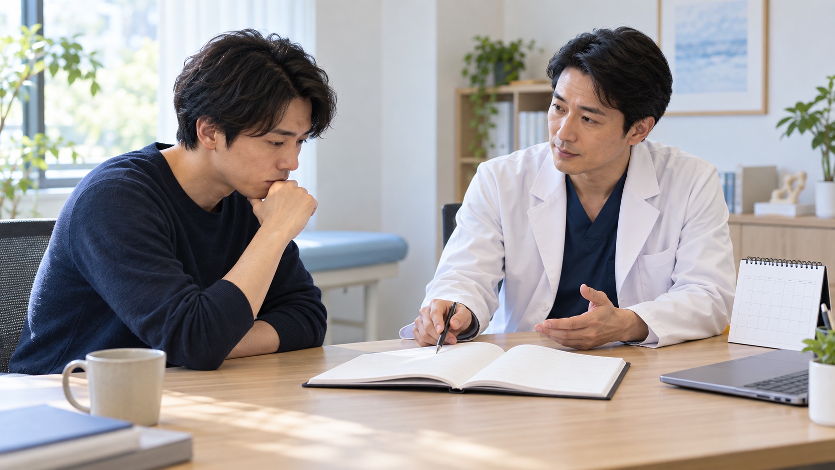 慢性骨盤痛の症状日誌を泌尿器科医と確認する場面