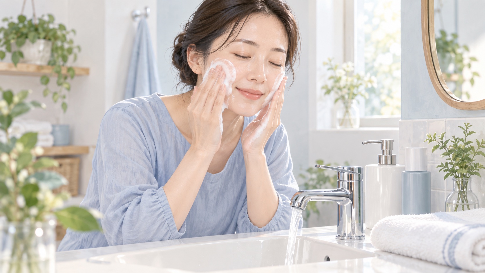 洗面台で指の腹を使い、頬の泡をやさしく広げる女性