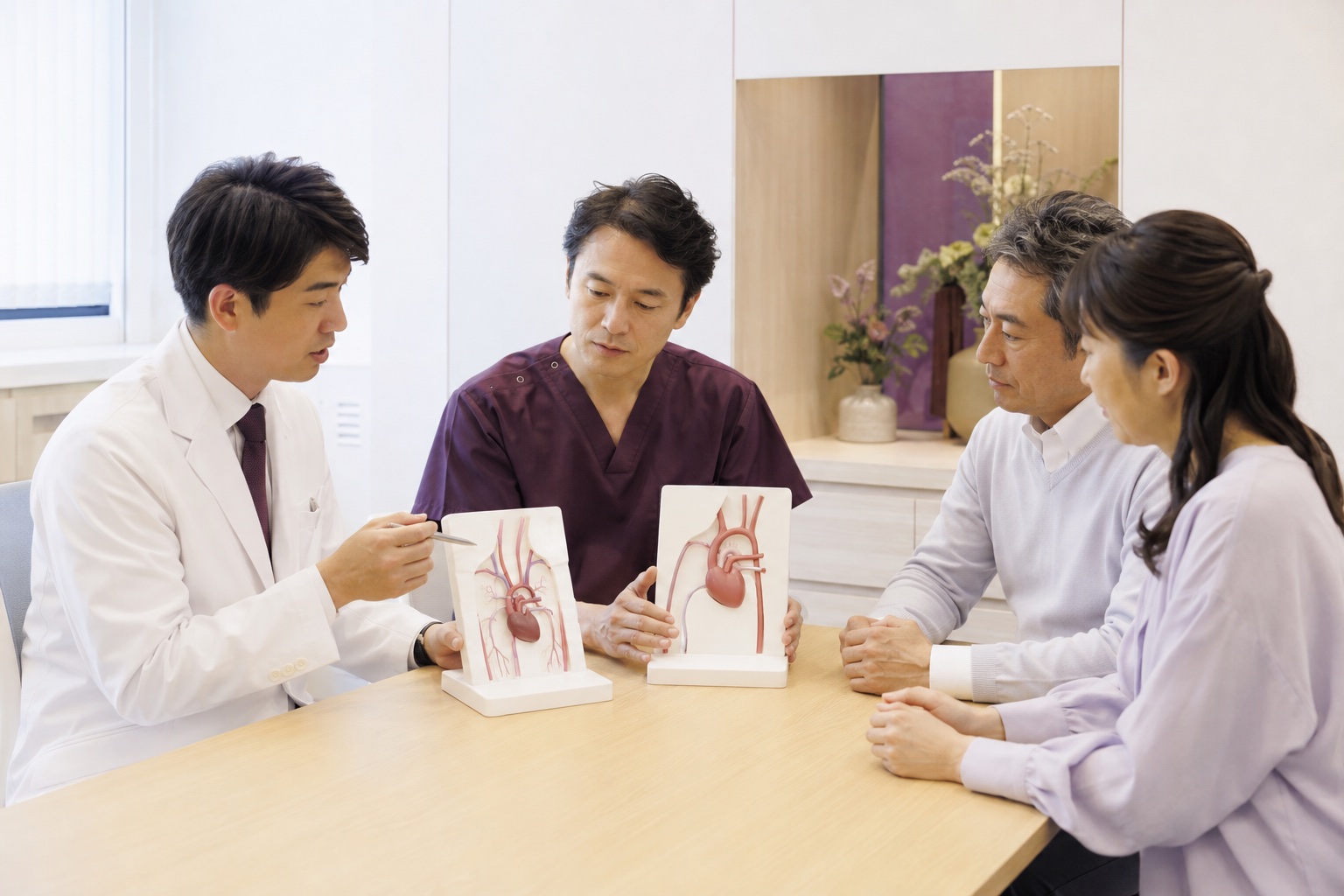 循環器内科医と心臓血管外科医が患者と家族へ治療方法を説明する場面