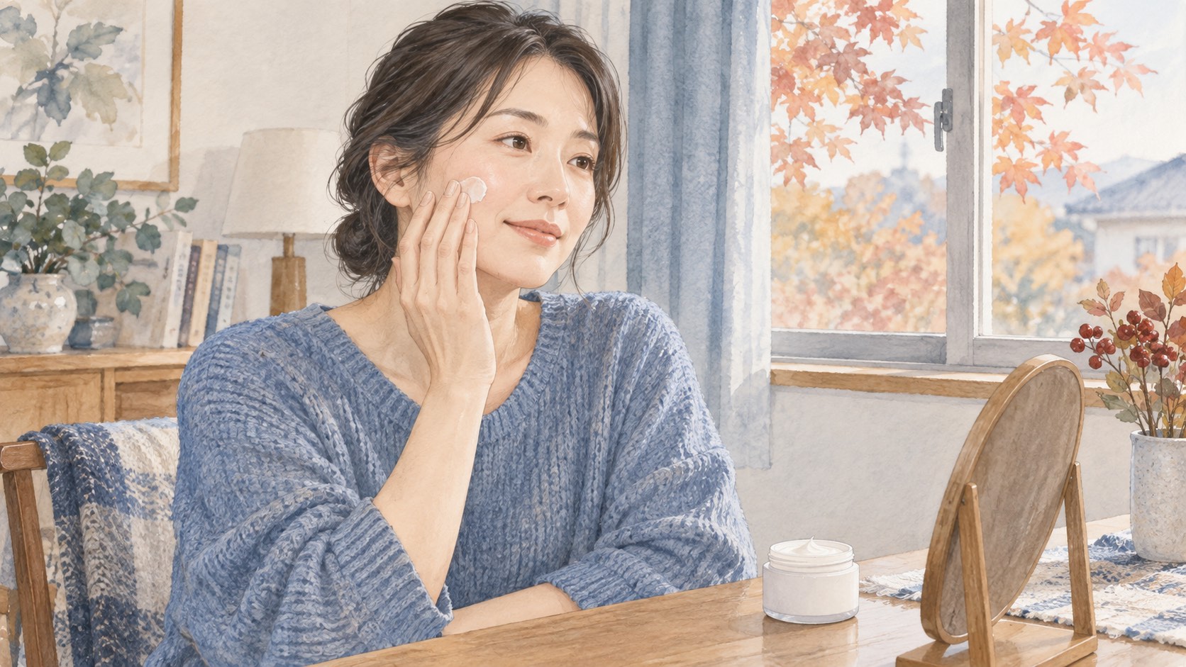 室内で頬に保湿剤をやさしく塗る人