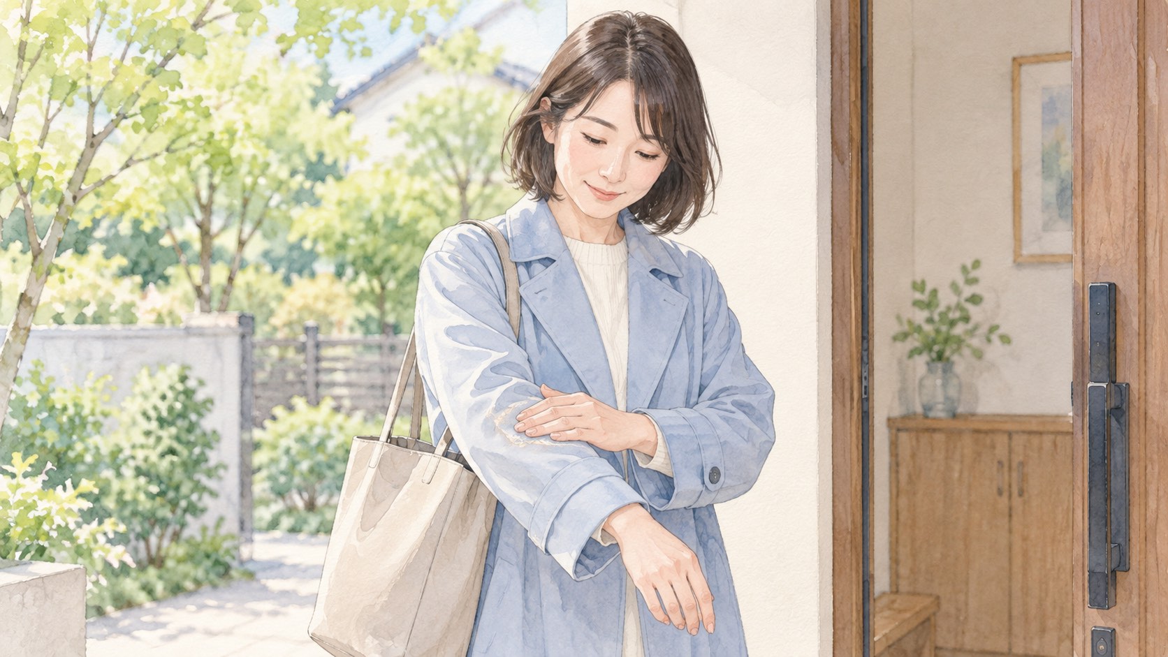 家に入る前に上着の袖についた花粉を払う人