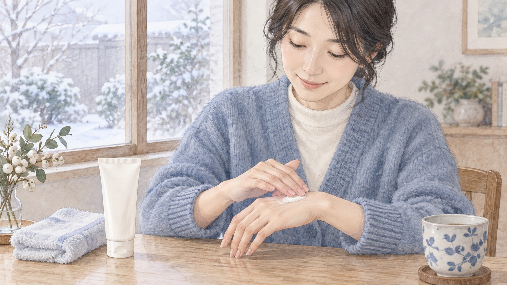 冬の室内で、手の甲に保湿剤を塗り広げる人