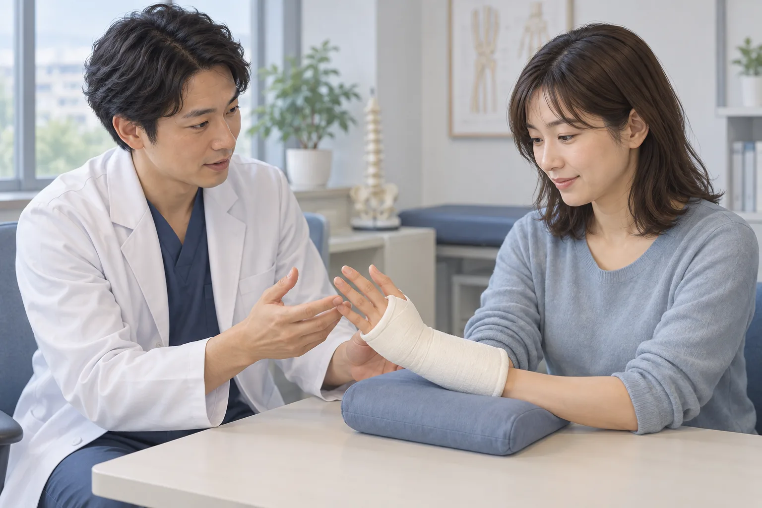 固定した手首をクッションで支え、指先の状態を医師に見せる説明用イラスト