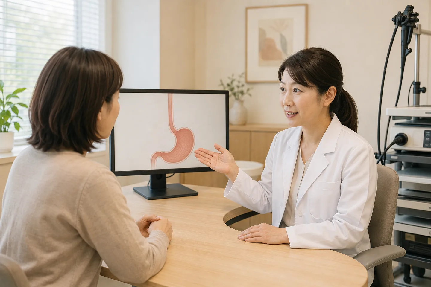 胃の検査で分かることについて、医師と患者が画面を見ながら相談しているイメージ