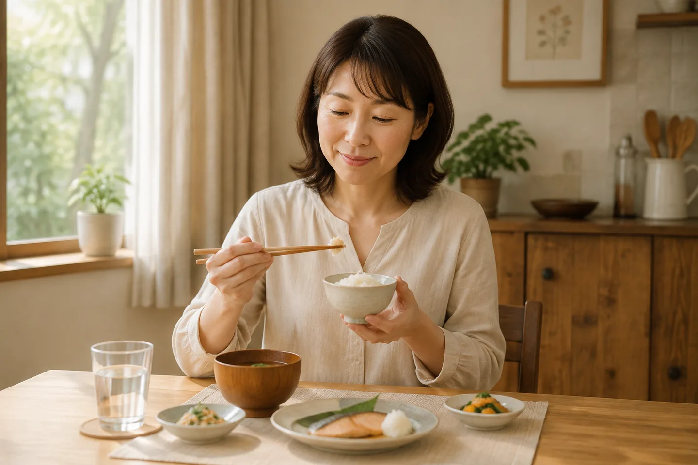 女性が少量ずつ盛り付けた普通の食事を、落ち着いた姿勢でゆっくり食べているイメージ