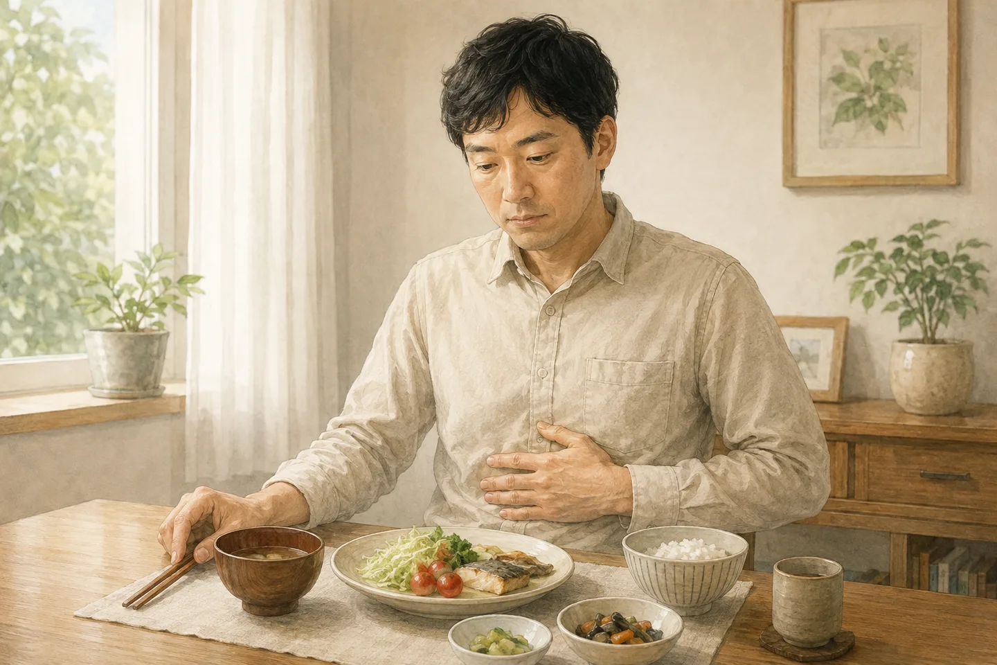 食事を十分に食べ終える前に満腹を感じ、男性がみぞおちに手を添えているイメージ
