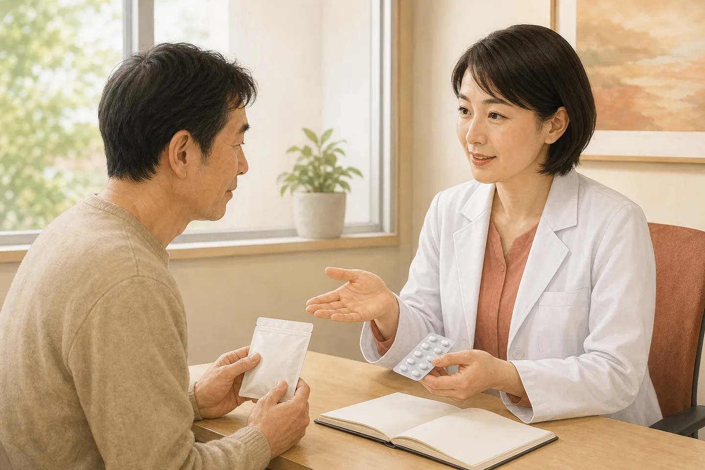 医師と患者が薬の袋とシートを見ながら、服用方法と治療の方針を確認するイメージ