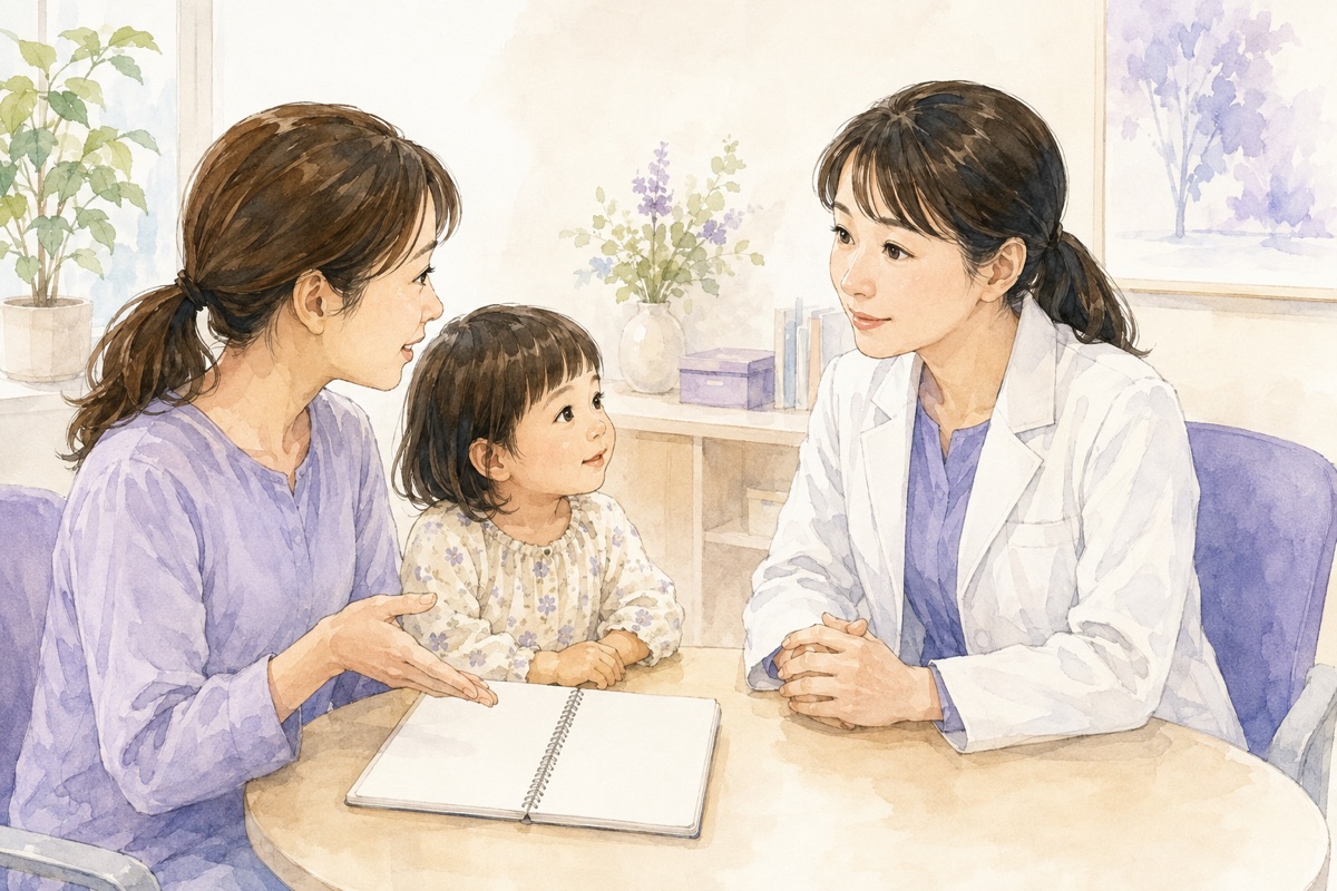 食事と症状の記録を見ながら、小児科で保護者と子どもが相談する場面