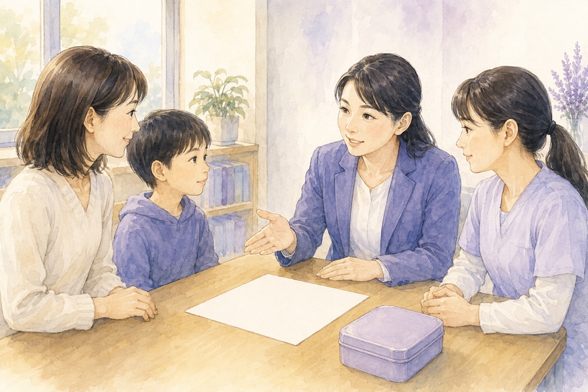 保護者と子どもが教職員と食物アレルギーの対応書類を確認する場面