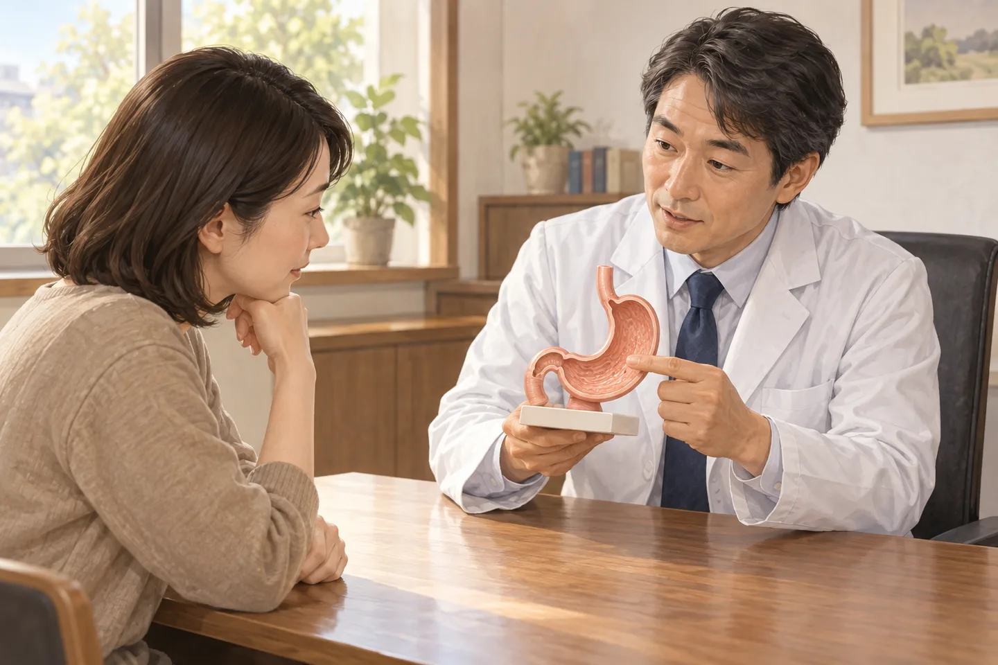 胃の模型を見ながら、胃炎の検査結果について患者と医師が相談する生成イメージ
