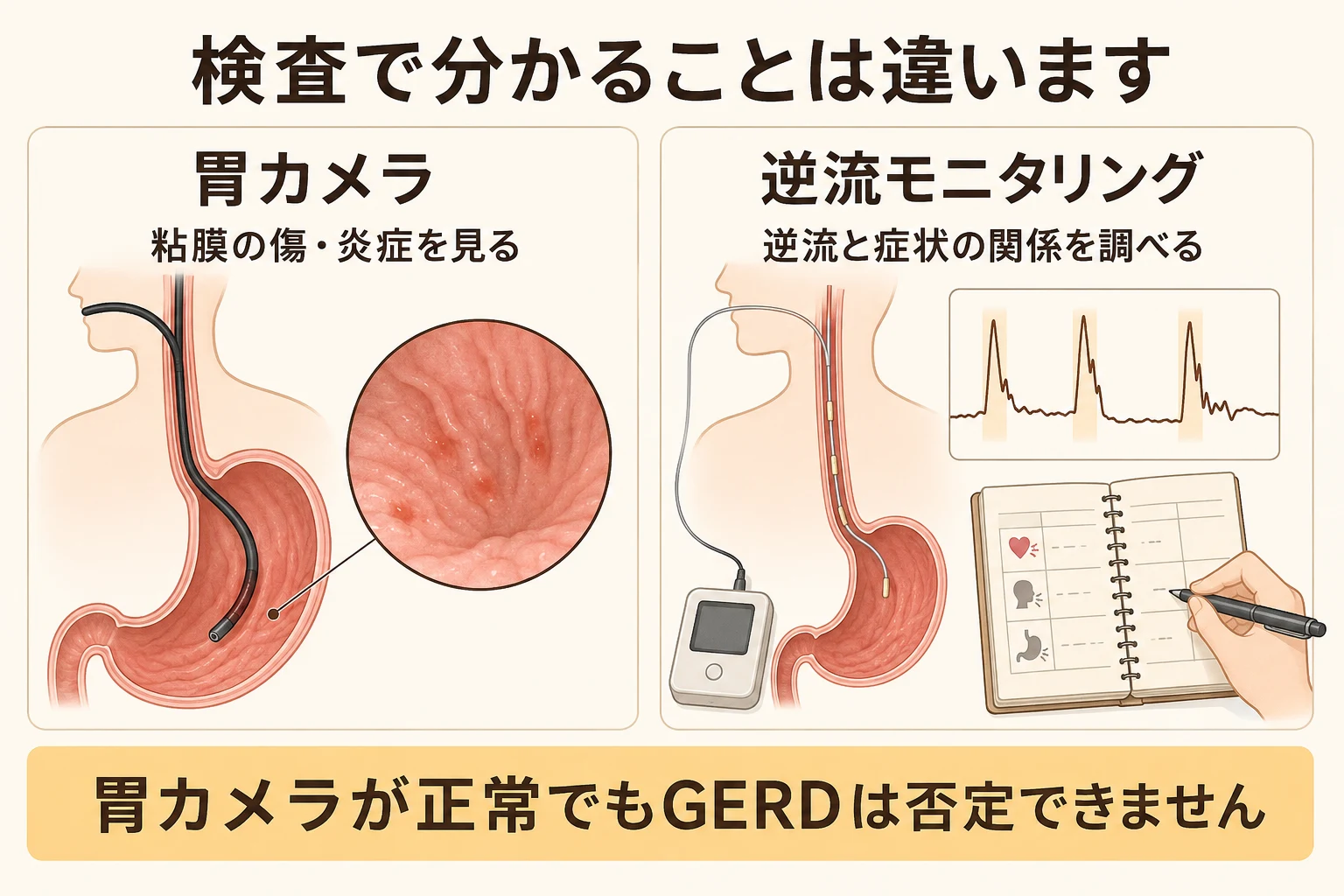 粘膜の傷や炎症を見る胃カメラと、逆流と症状の関係を調べる逆流モニタリングを比較した説明図