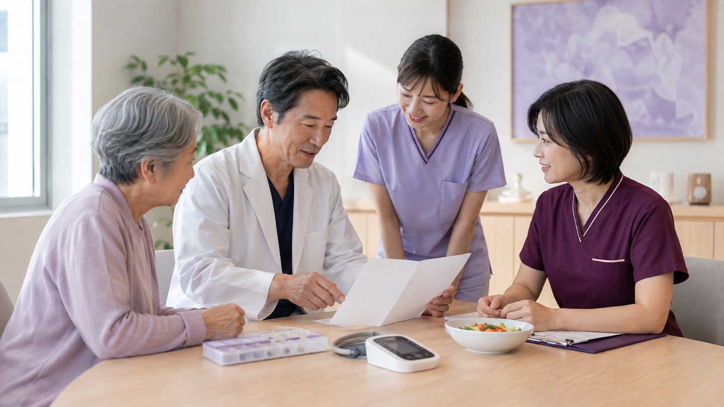 患者を中心に循環器内科医・看護師・栄養やリハビリ担当者が治療計画を相談するイメージ