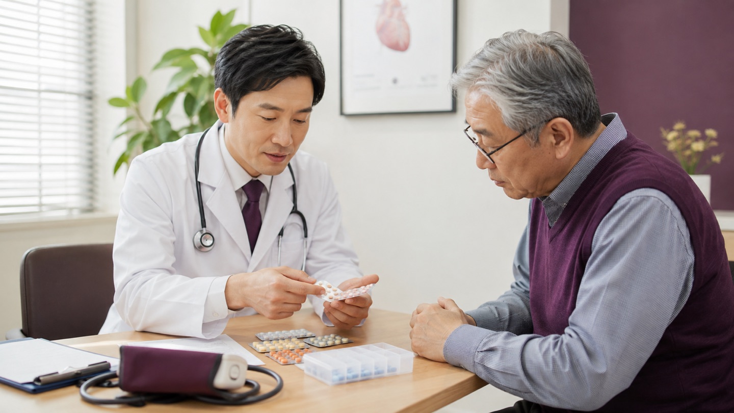 循環器内科医と患者が心不全の薬を一剤ずつ確認している診察イメージ