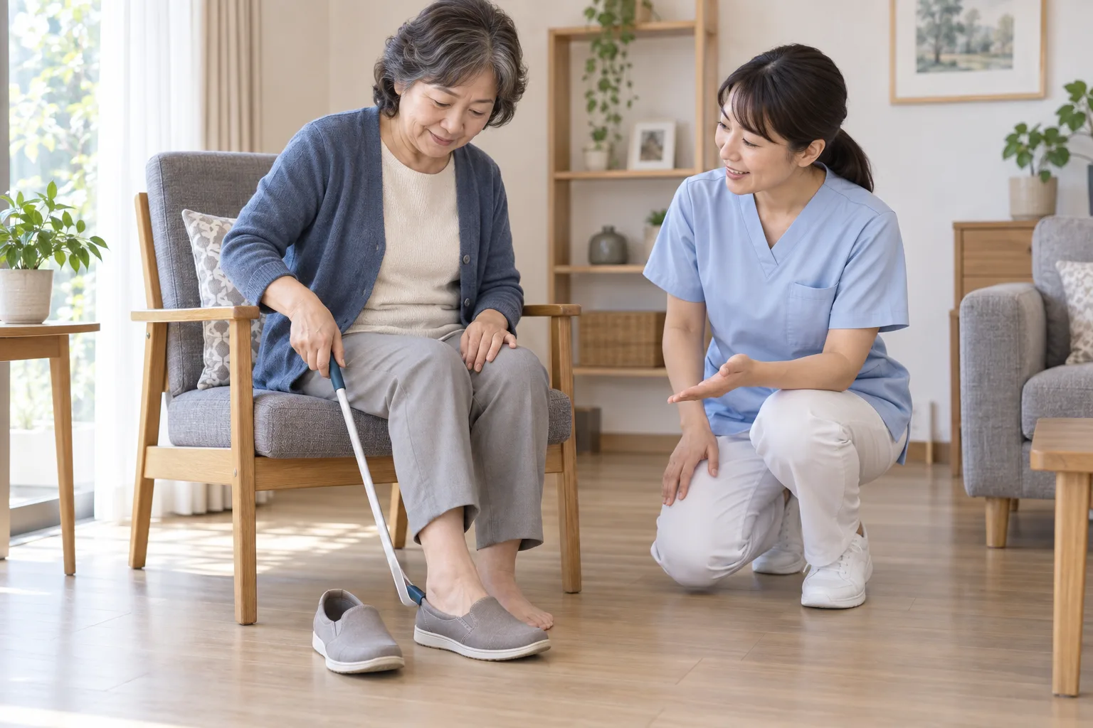 椅子に座った女性が長い靴べらを使い、担当者がそばで見守る説明用イラスト
