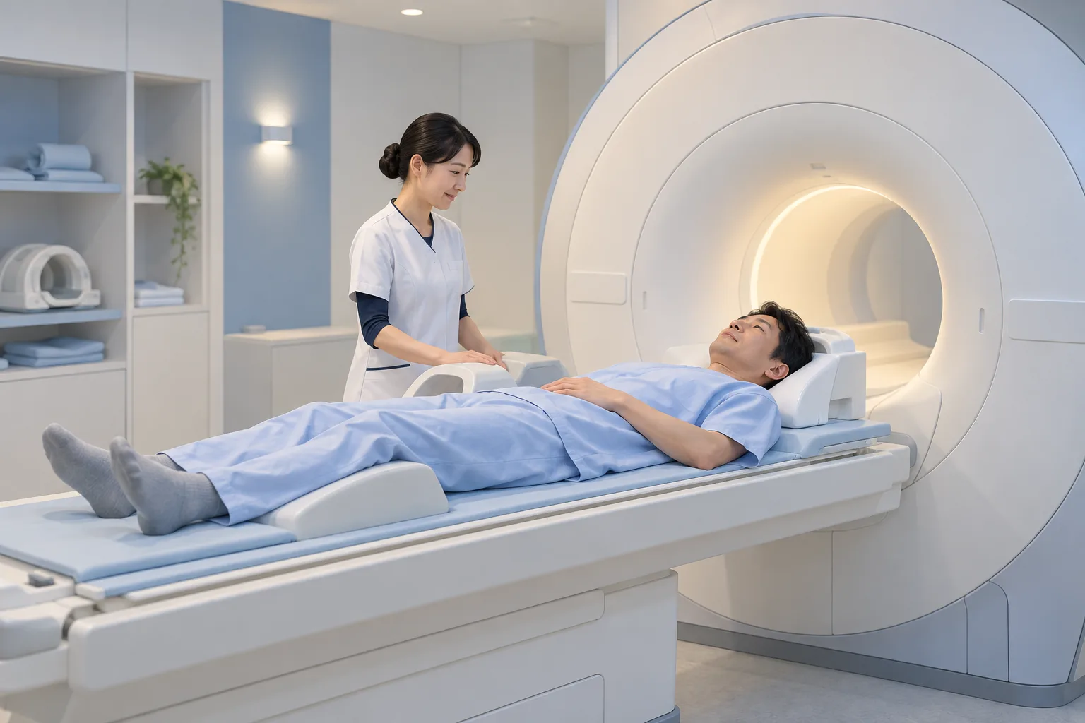 MRI装置の検査台に横になり、スタッフから準備の説明を受ける男性のイラスト