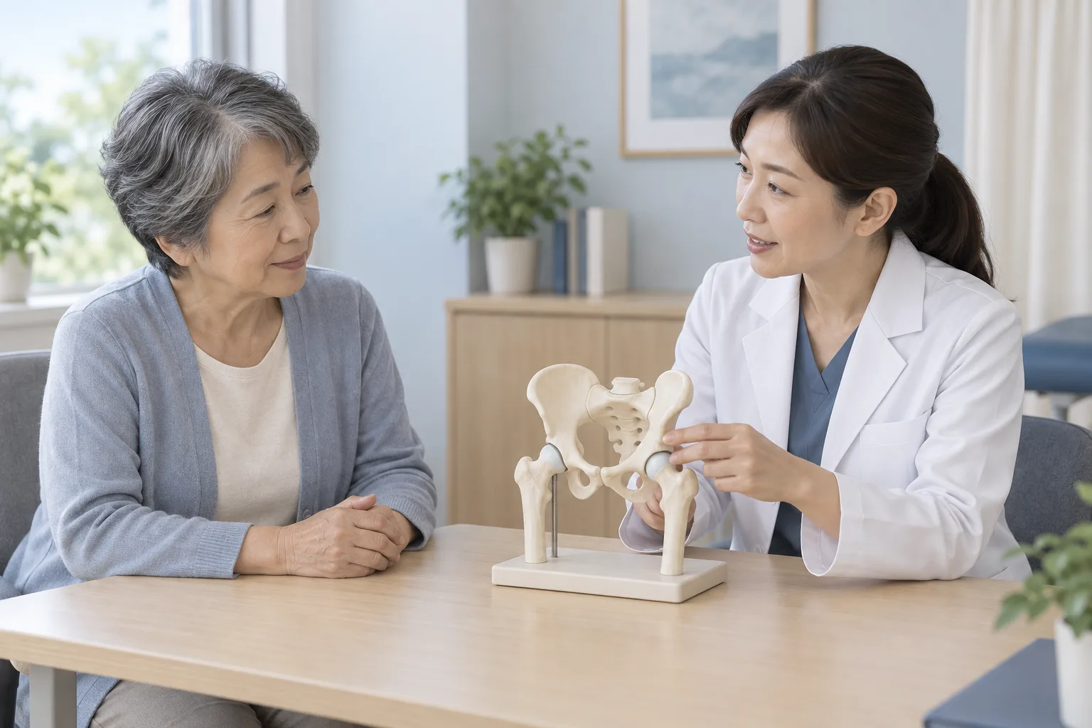 骨盤と大腿骨の模型を見ながら股関節の状態を相談する女性と医師の説明用イラスト