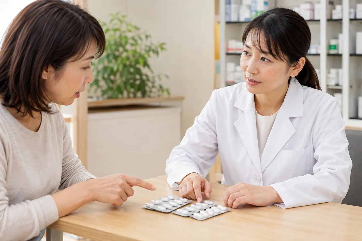 薬剤師が患者と薬の包装を確認し、除菌薬の飲み方を相談する場面のイメージ