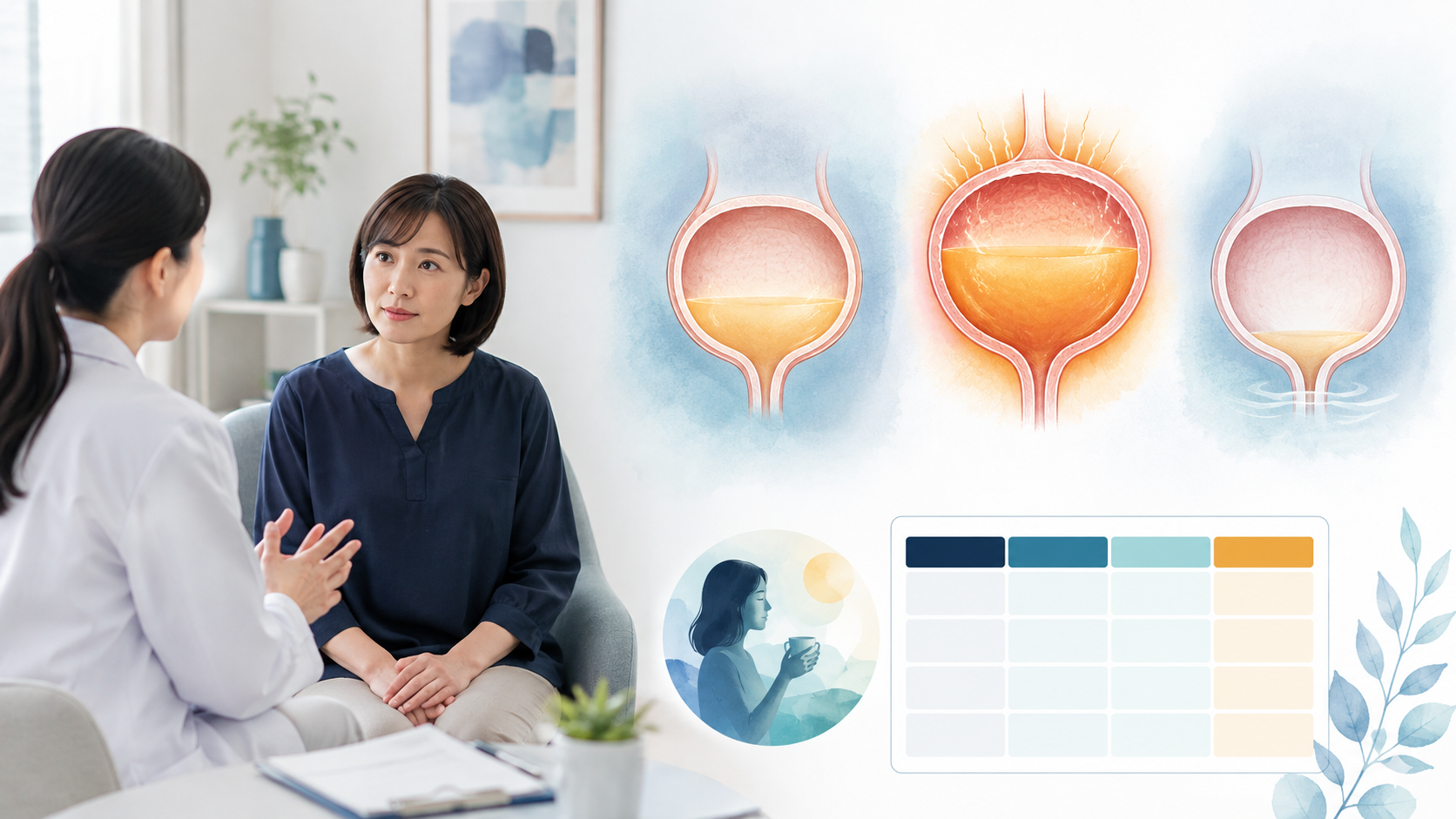 膀胱に尿がたまると痛みや圧迫感が増す経過を泌尿器科で相談する場面の模式図