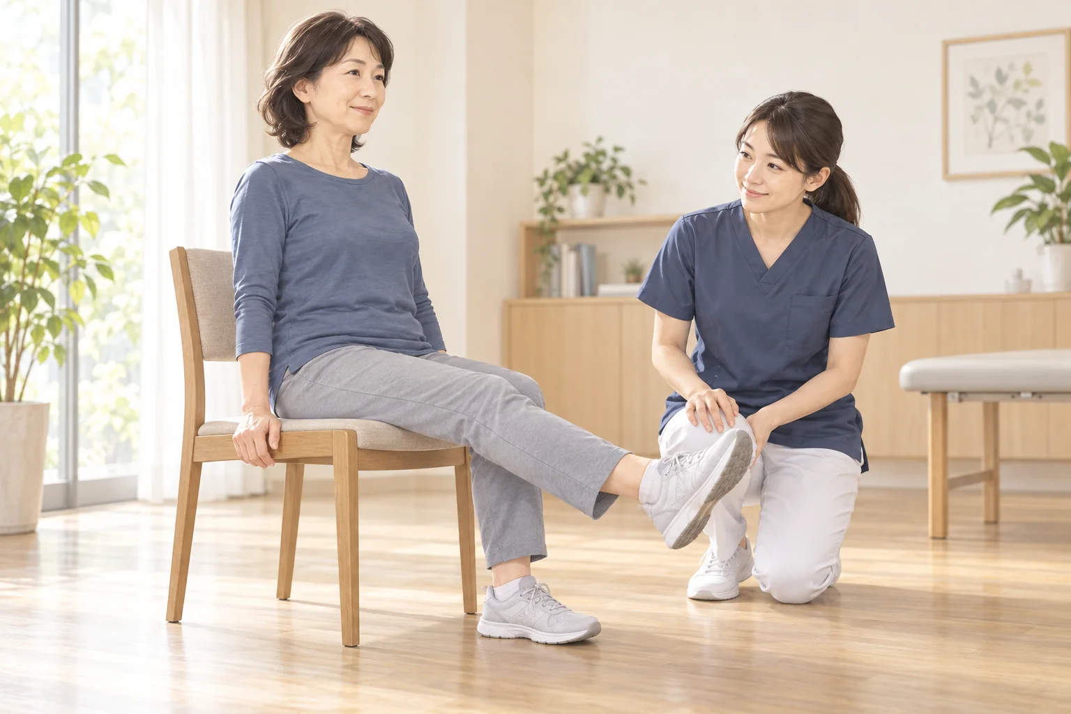 座った姿勢で膝を伸ばす練習を専門職が確認する様子
