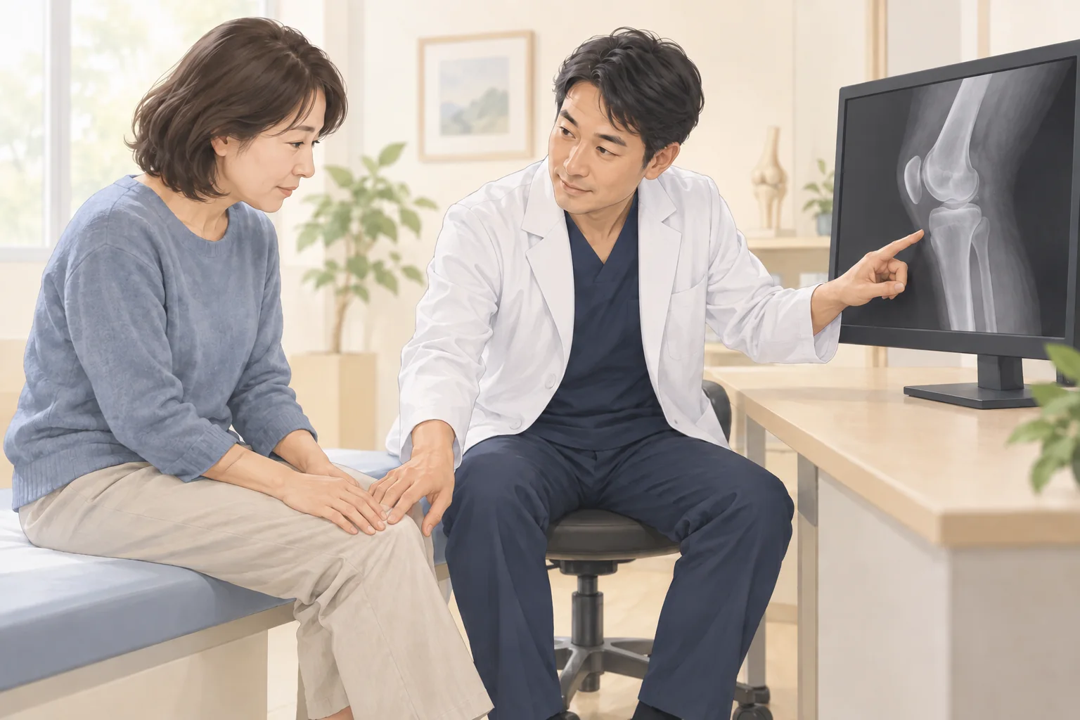 医師と患者が膝の画像を見ながら検査結果を確認する様子