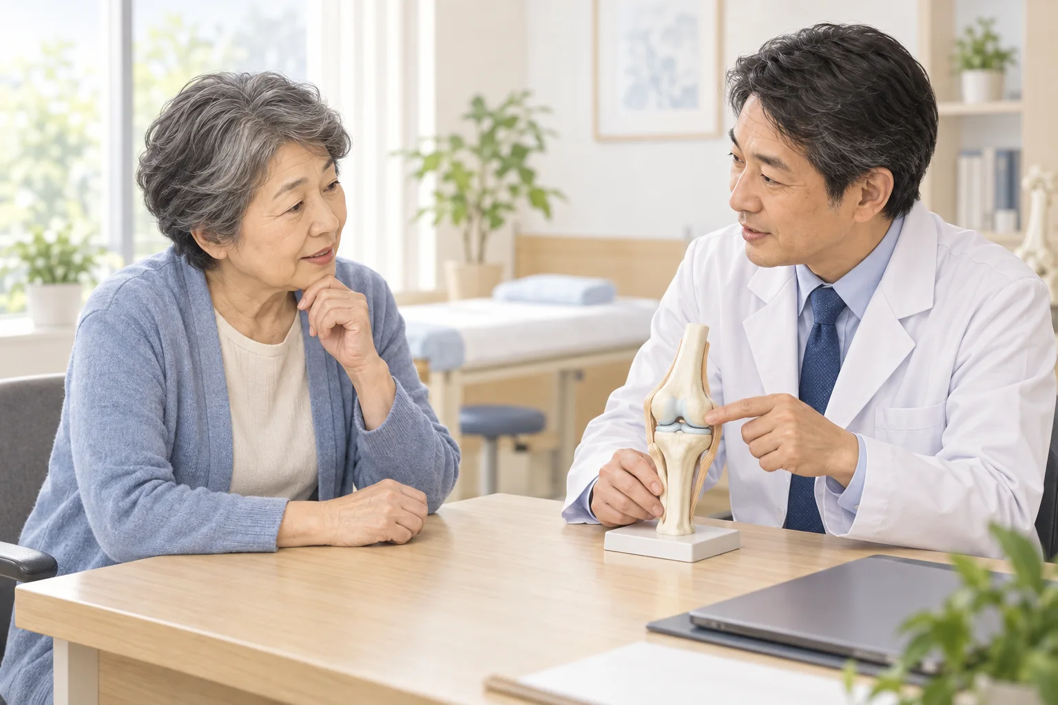 膝の模型を前に医師と患者が注射の選択肢を相談する様子