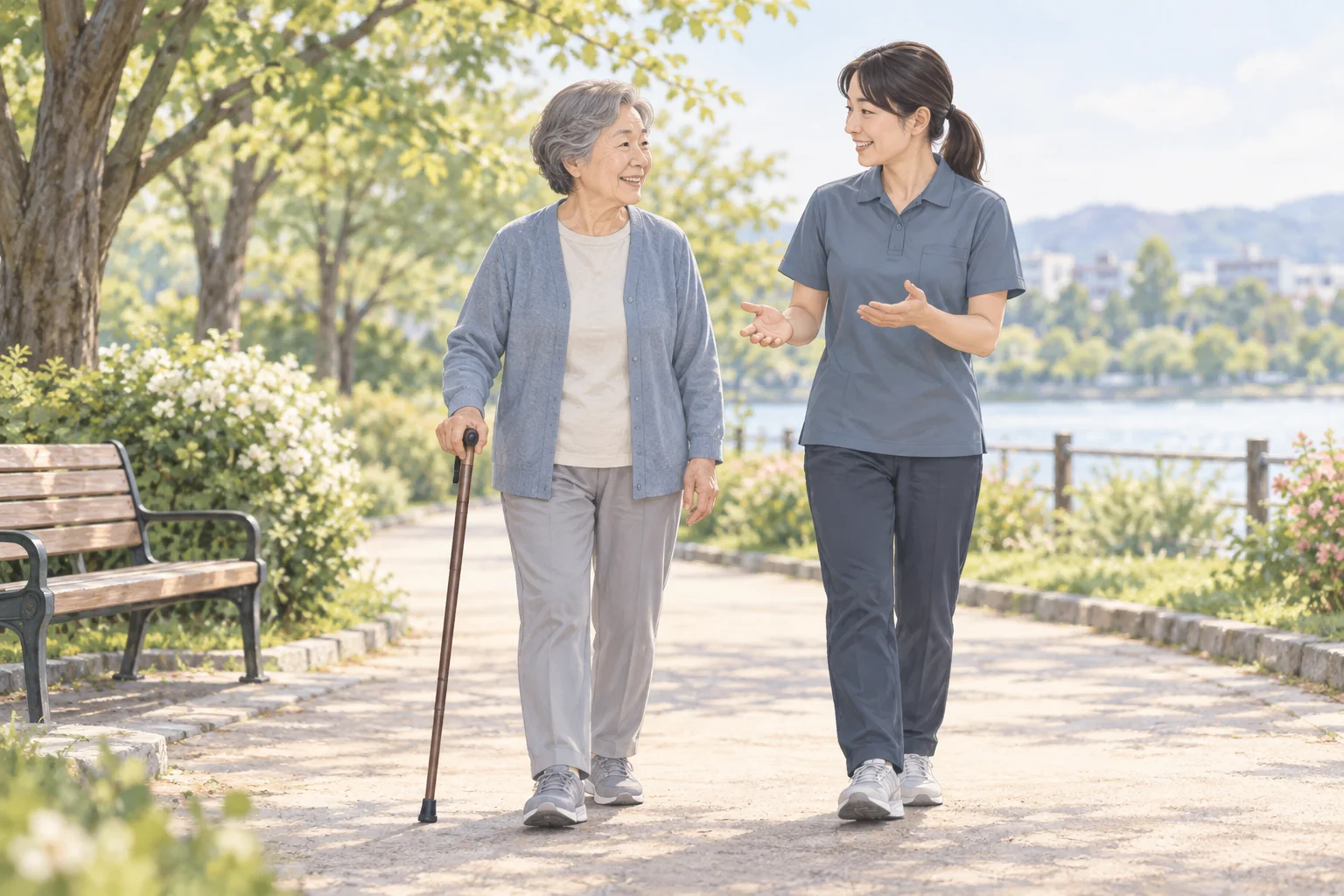 杖を使って平らな道を無理のないペースで歩く女性