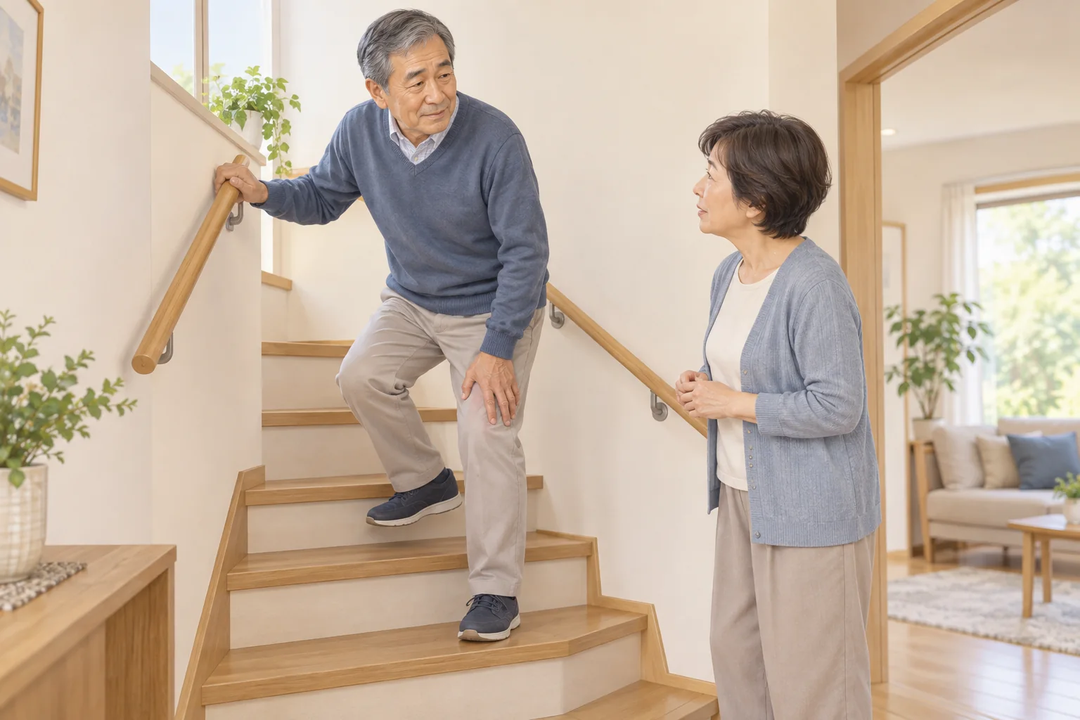 手すりを使い、膝の状態を確かめながら階段を移動する男性