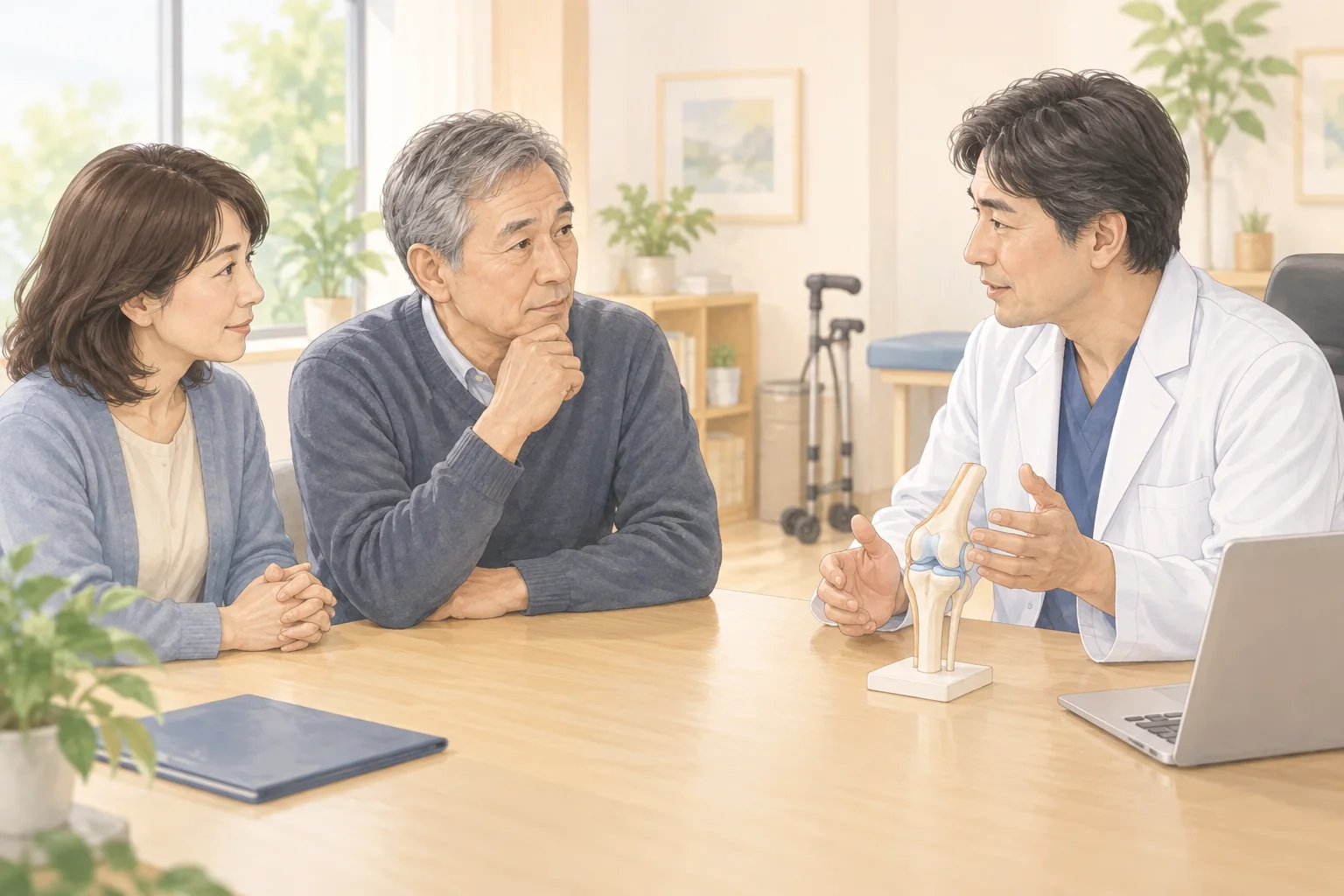 膝の模型を使って医師が患者と家族に手術の選択肢を説明する様子