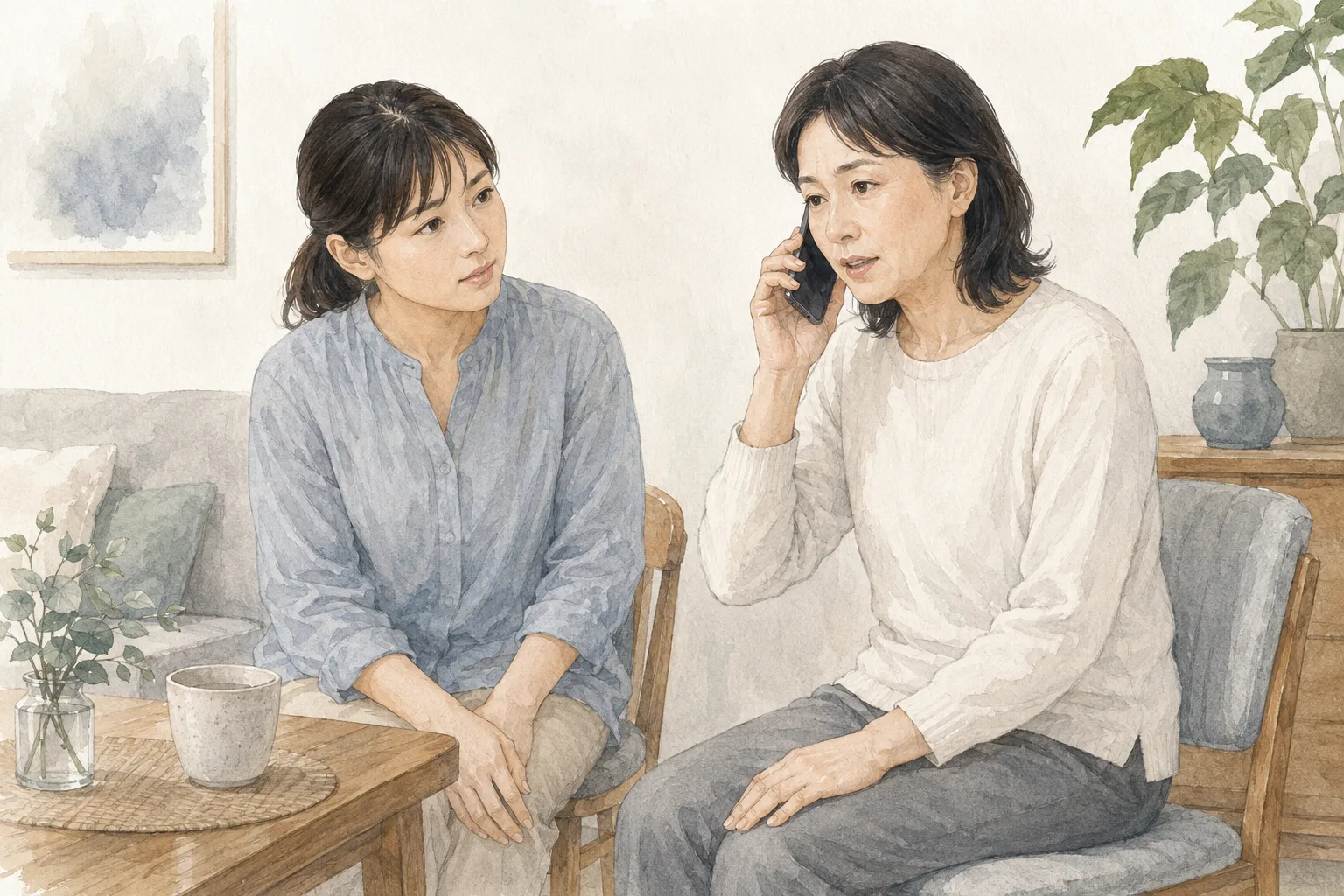 家族が付き添い、座った姿勢で医療機関へ電話する人のイラスト