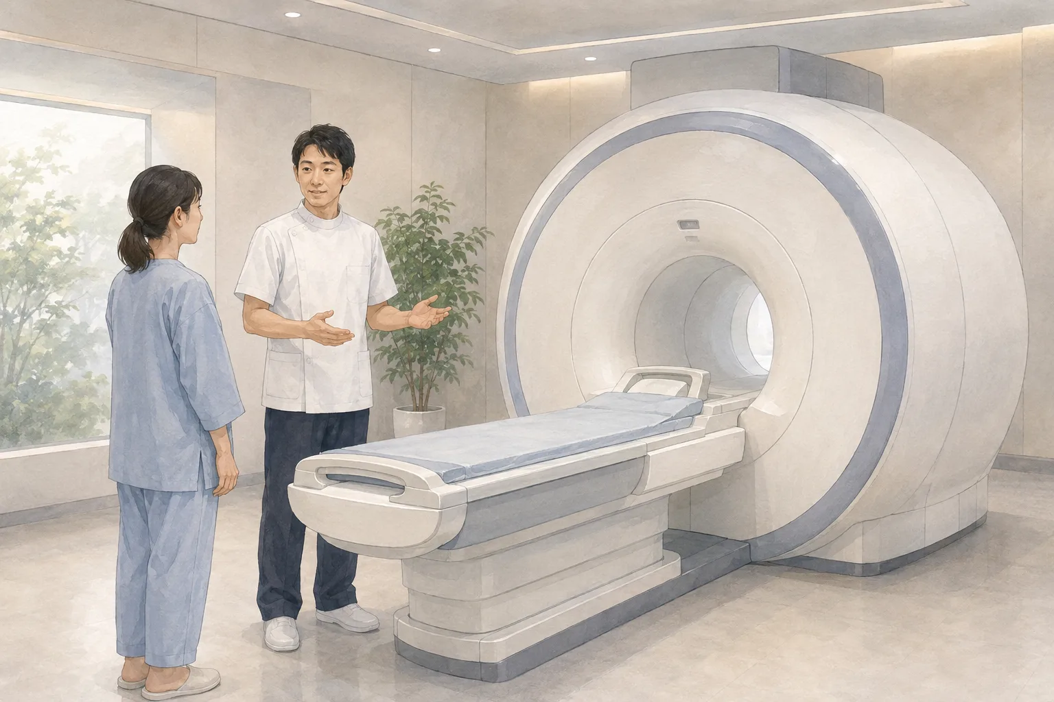 MRI装置の前で患者が検査担当者から説明を受けるイラスト
