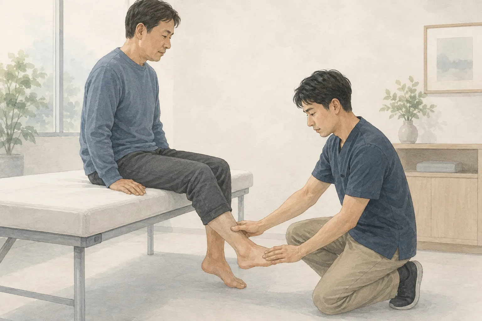 診察台に座る患者の足首の動きと力を医療者が確認するイラスト