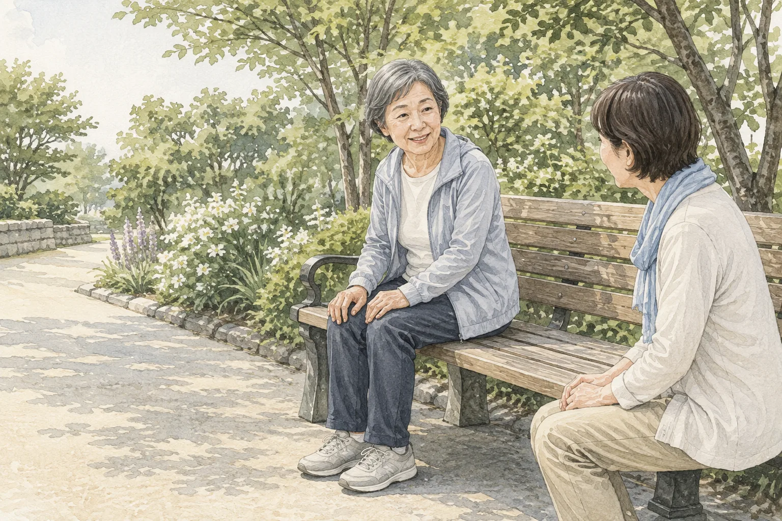 散歩の途中でベンチに座り、同伴者と休憩する高齢女性のイラスト
