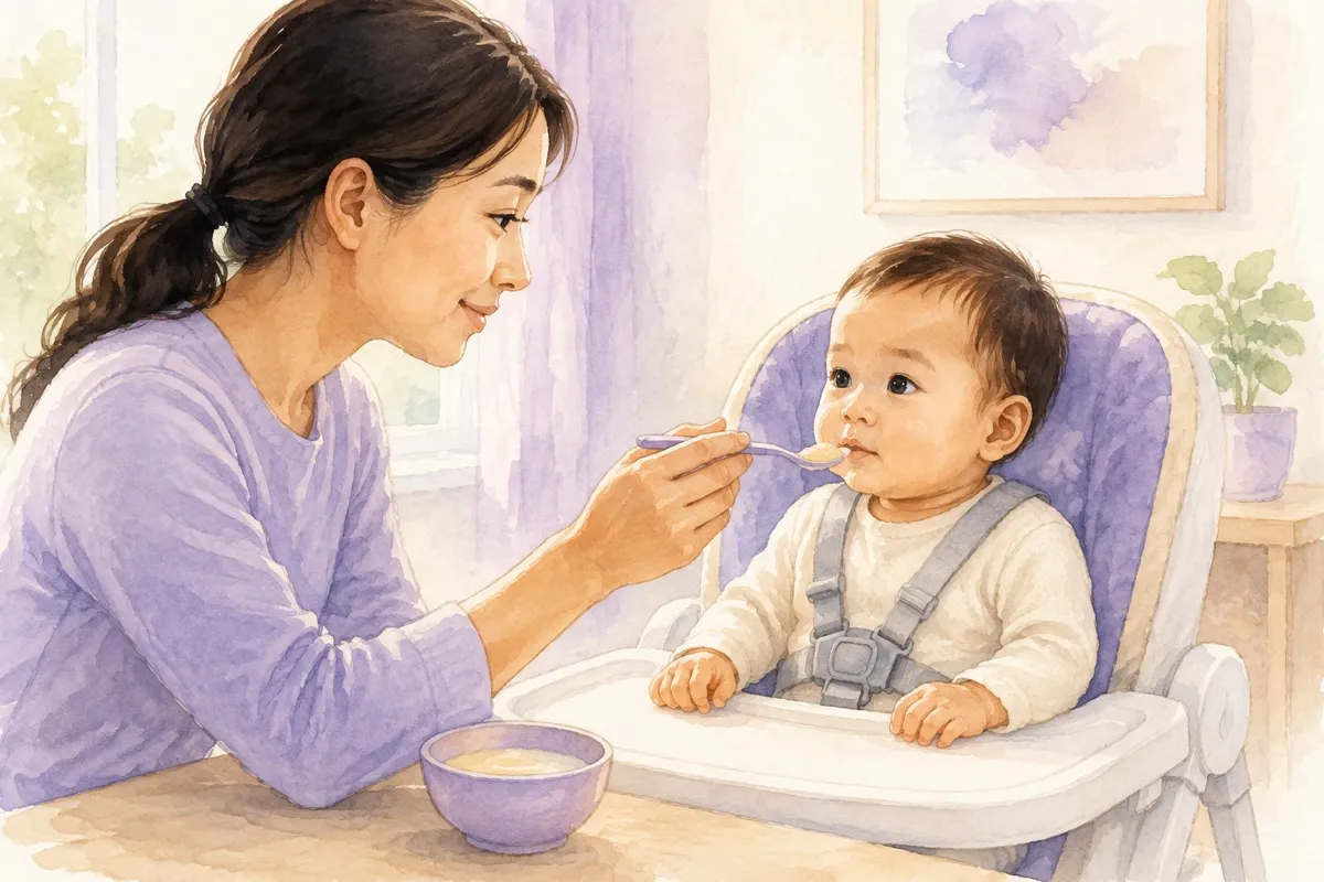 姿勢を安定させた赤ちゃんに保護者が少量のなめらかな離乳食を与える場面