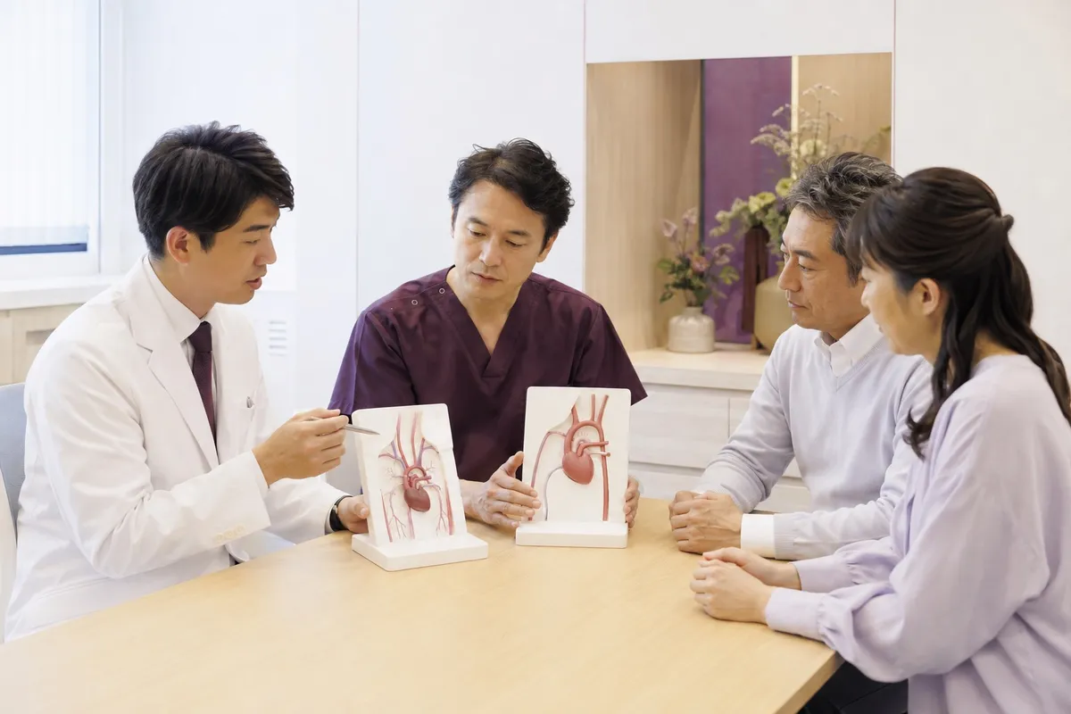 循環器内科医と心臓血管外科医が患者と家族へ治療方法を説明する場面