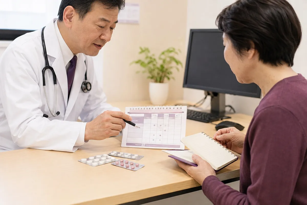循環器内科医と患者が狭心症の薬と服薬予定を一つずつ確認する場面