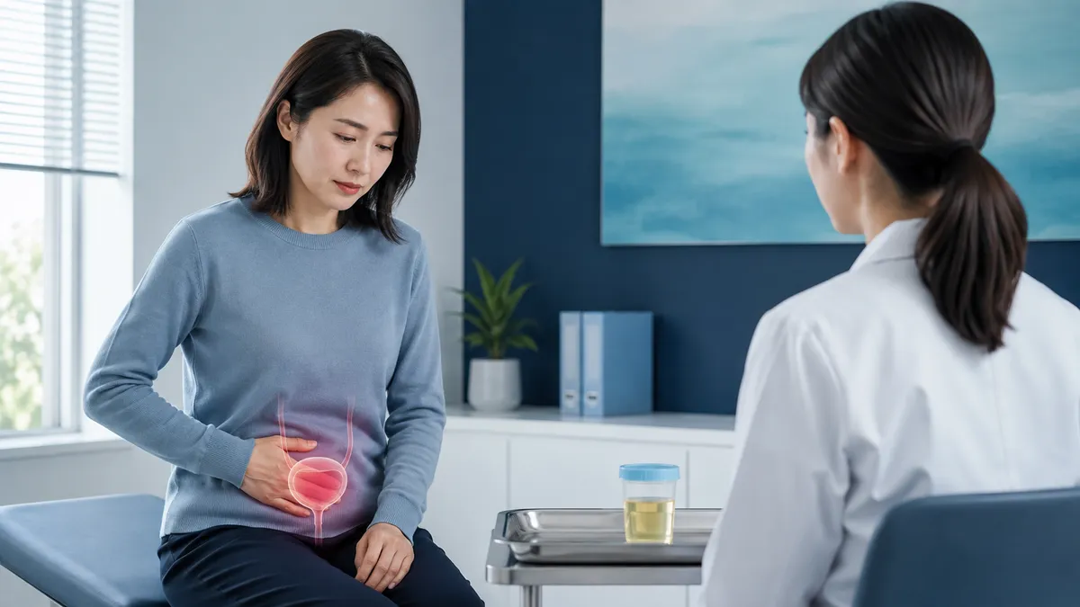 下腹部の排尿時痛を相談し、尿検査用の採尿容器を確認する女性の診察場面