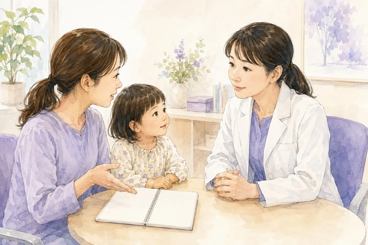 食事と症状の記録を見ながら、小児科で保護者と子どもが相談する場面