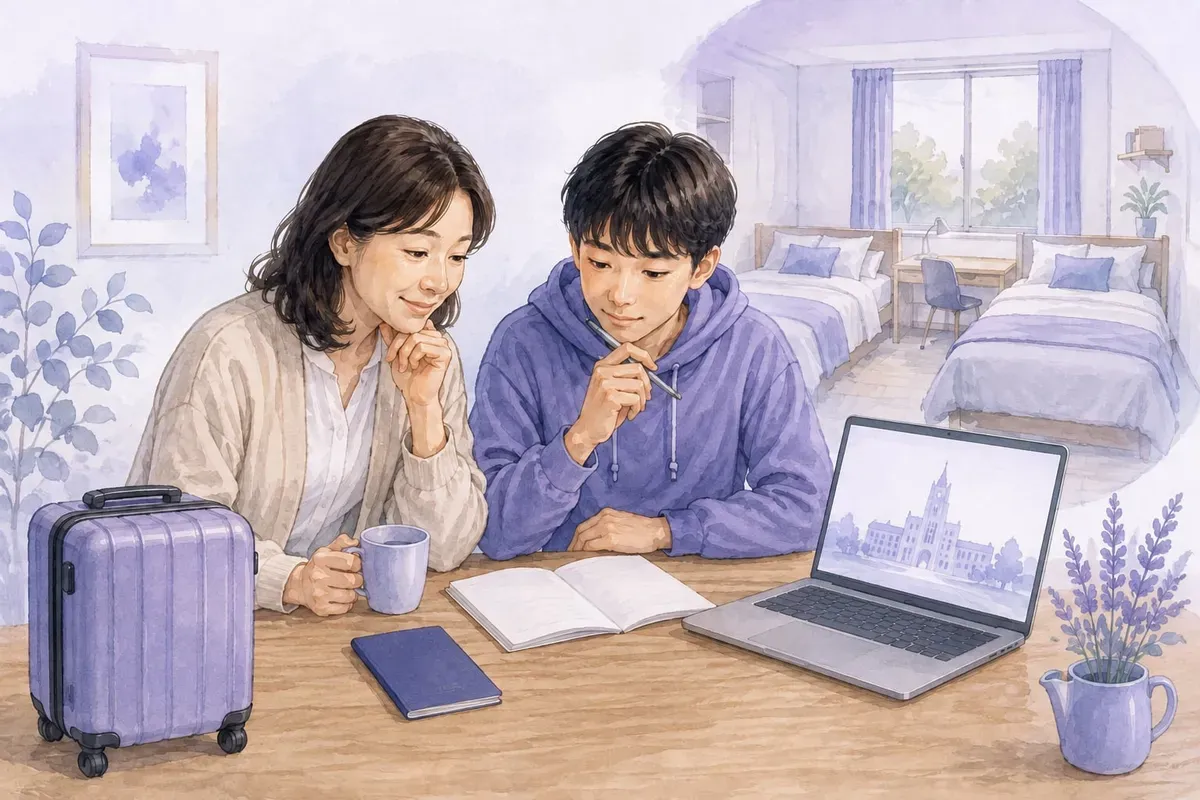 保護者と学生が留学先と寮生活の予定を確認する場面